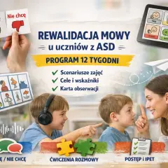 Dzieci z ASD, nauczycielka i pomoce dydaktyczne: karty, tablet, puzzle.