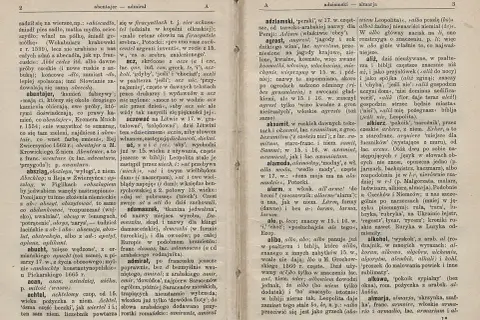 Strona z Słownika Brücknera, z hasłami od "abentajer" do "almarja".
