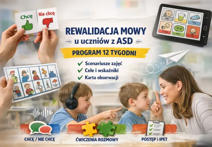 Dzieci z ASD, nauczycielka i pomoce dydaktyczne: karty, tablet, puzzle.