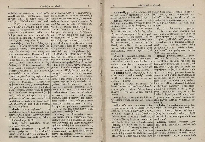 Strona z Słownika Brücknera, z hasłami od "abentajer" do "almarja".