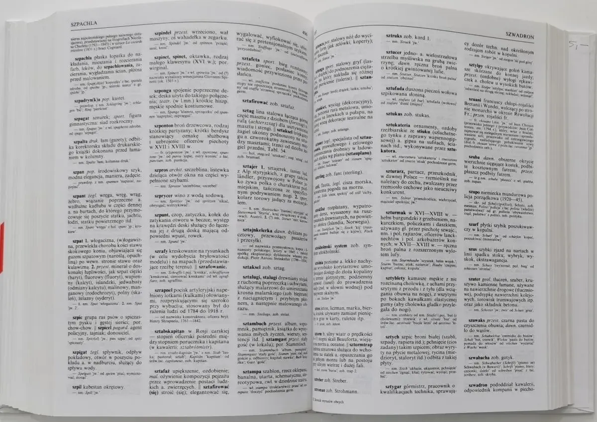 Stara książka z wyrazami obcymi, otwarta na stronie ze słowami na literę "S".