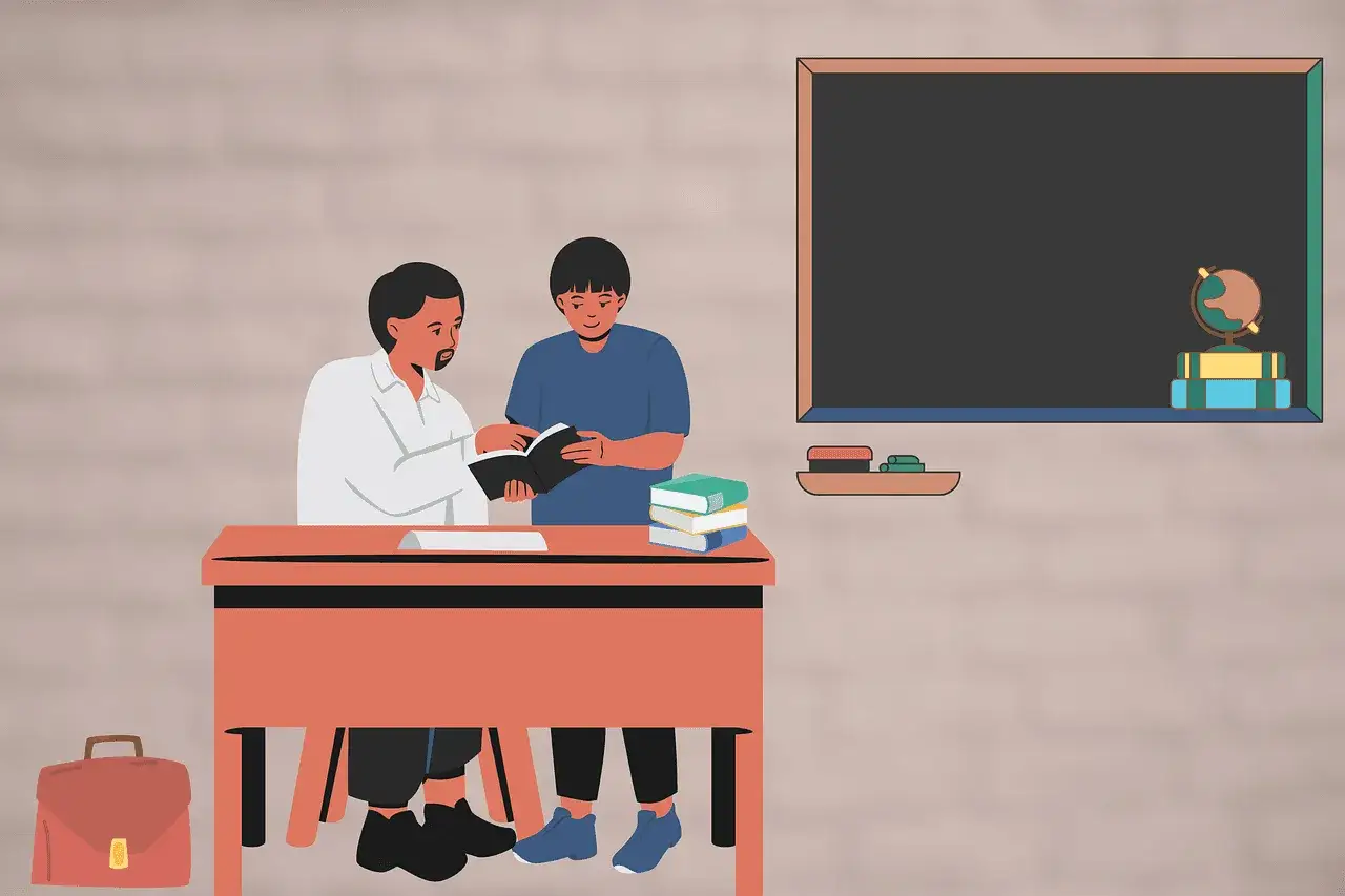 nauczyciel i rodzic omawiający dokumenty edukacyjne dziecka przy biurku
