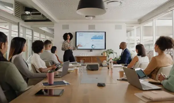 business people meeting sales chart presentation